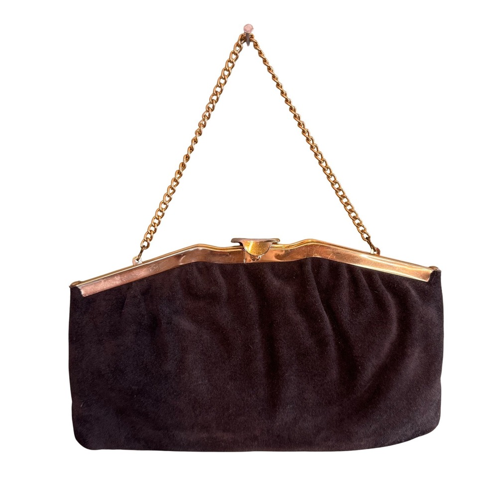 Vintage Harry Levine Suede Kiss Lock Chain Purse Clutch Evening Bag Black Small